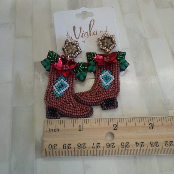 Christmas Seed Bead Western Style Boot Earrings - Picture 4 of 5